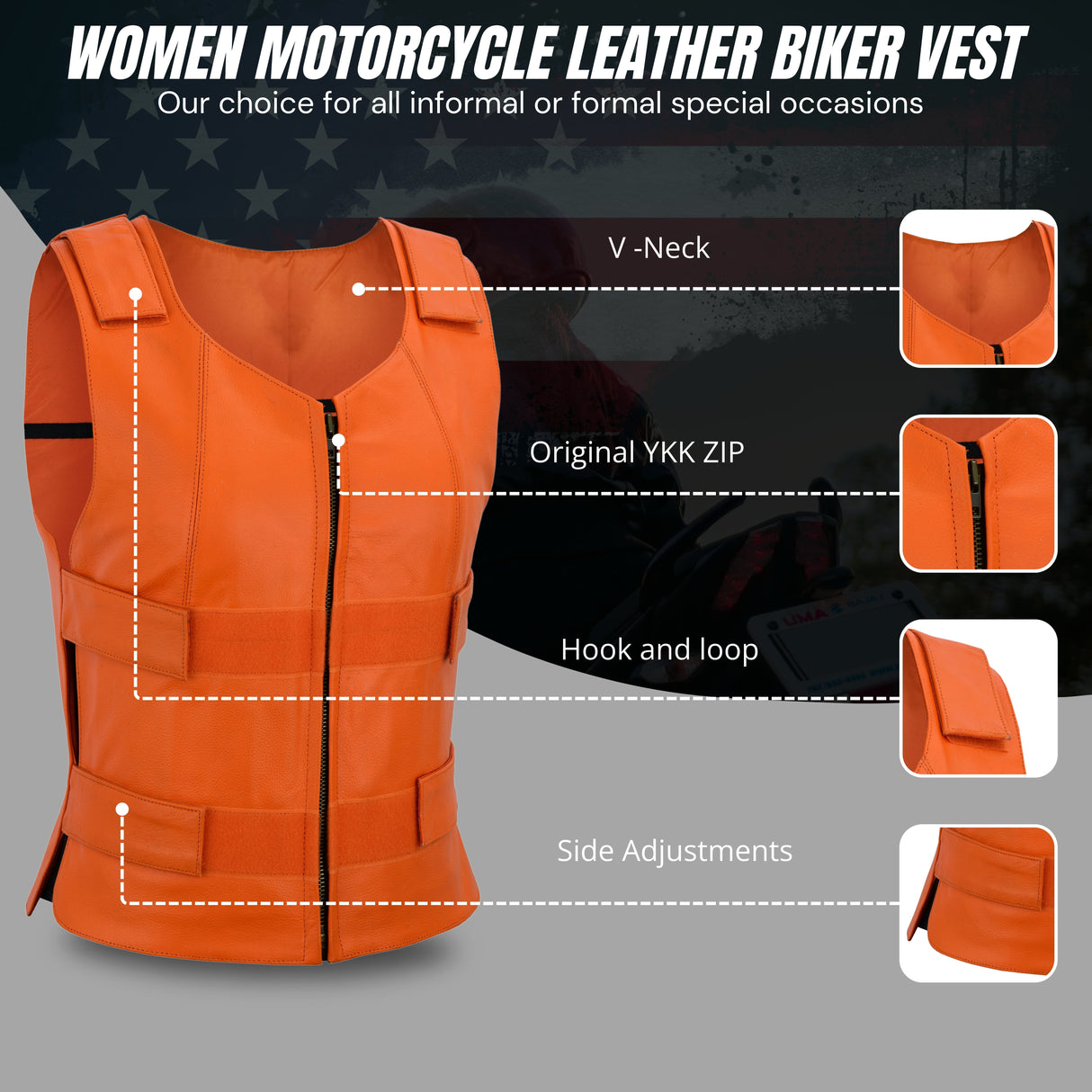 WCWV54941Orange Women Orange Bullet Proof Leather Vest