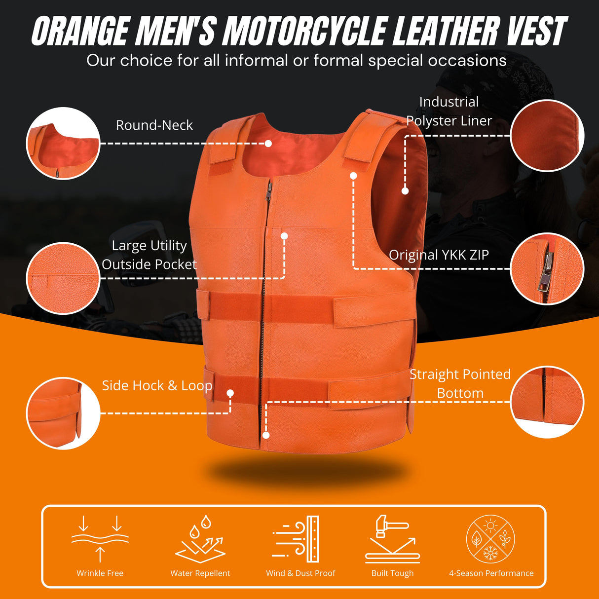 Men's Orange Bulletproof Style Leather Vest – Perfect for Biker Clubs.