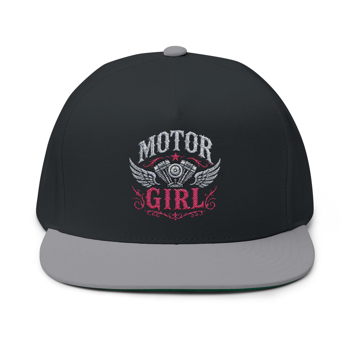 Motor Girl Embroidered Flat Bill Cap — Women's Biker Snapback Hat