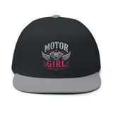 Motor Girl Embroidered Flat Bill Cap — Women's Biker Snapback Hat