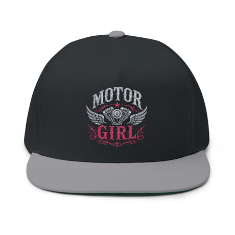 Motor Girl Embroidered Flat Bill Cap — Women's Biker Snapback Hat