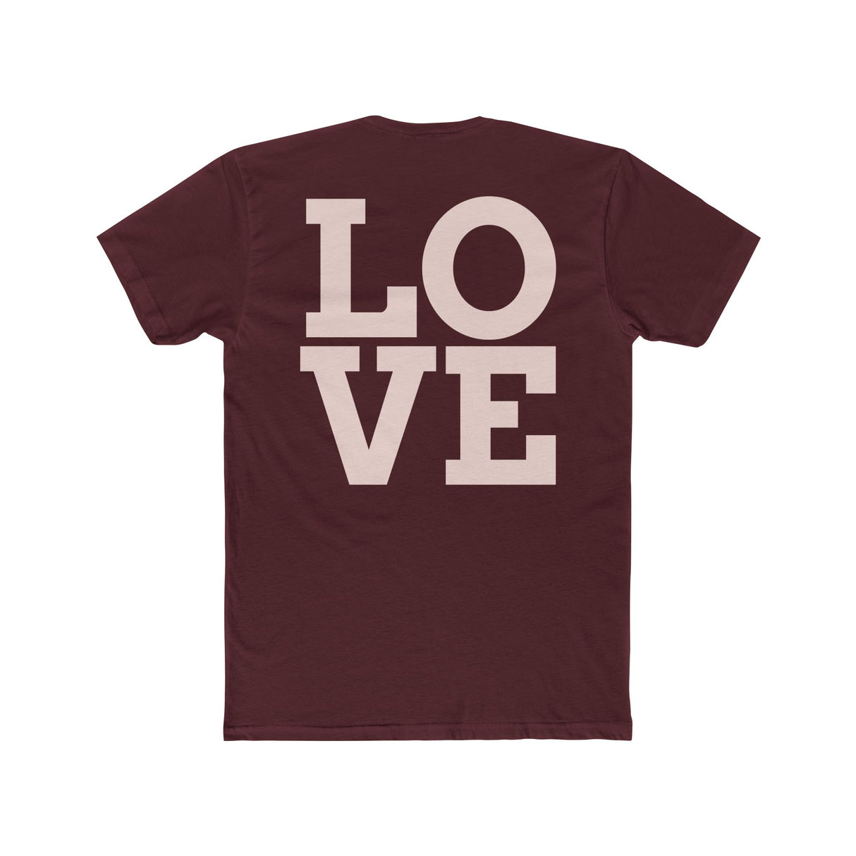 Burgundy crew neck T-shirt with large "LOVE" print on back