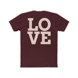 Burgundy crew neck T-shirt with large "LOVE" print on back