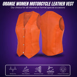 Ladies Women soft leather ORANGE biker motorcycle vest concealed carry