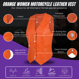 Ladies Women soft leather ORANGE biker motorcycle vest concealed carry