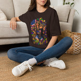 Dark brown T-shirt with colorful Mardi Gras queen and American flag graphic