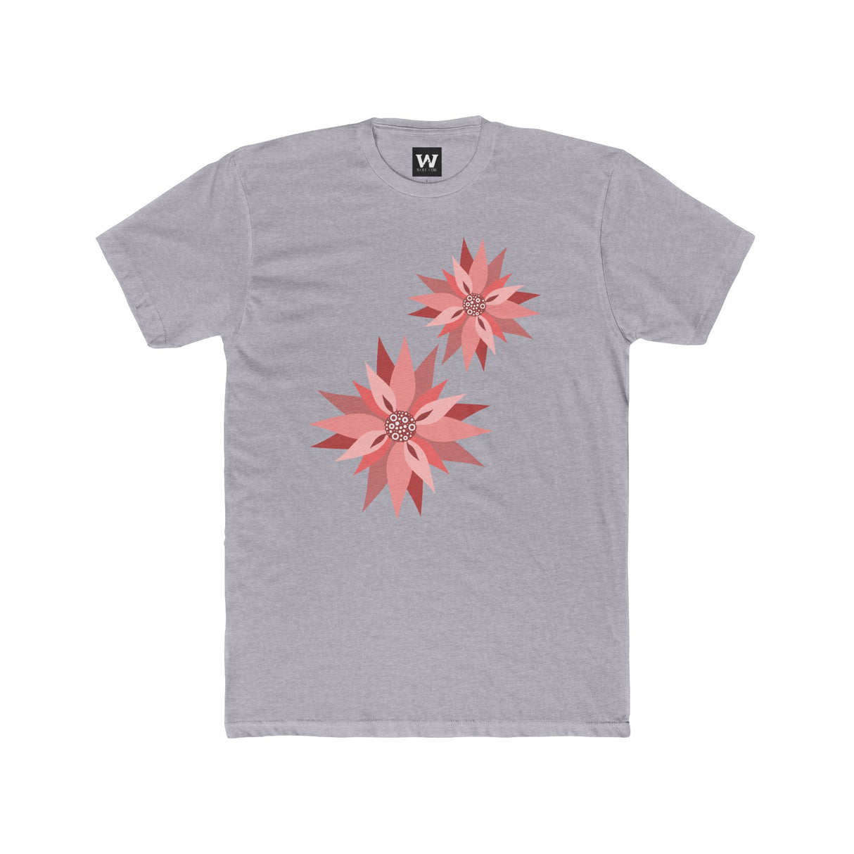 Medium grey crew-neck tee with two pink/red floral burst graphics on the front.