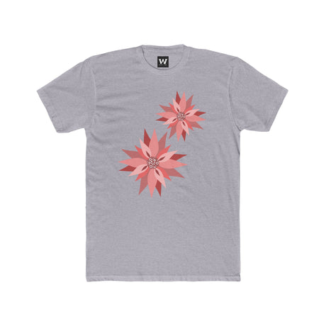 Medium grey crew-neck tee with two pink/red floral burst graphics on the front.