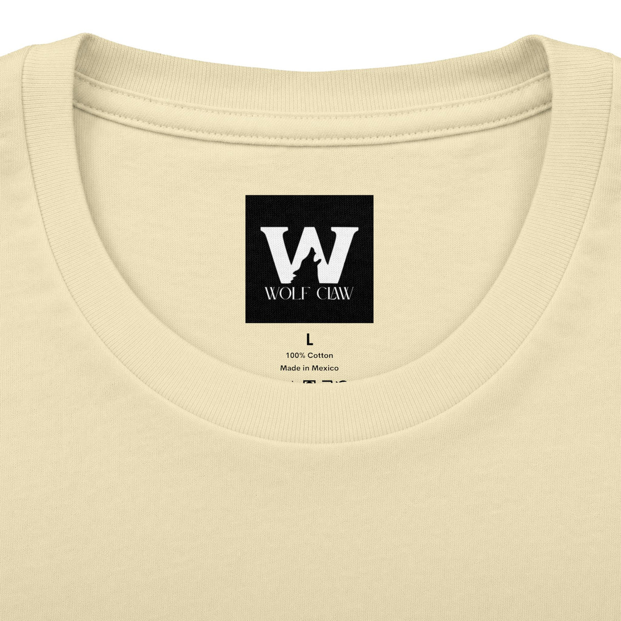 Light cream crew neck T-shirt with Wolf Claw logo patch on chest