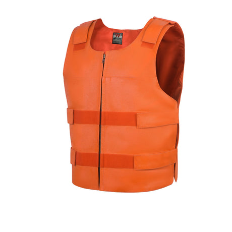 Men’s Orange Bulletproof Style Premium Buffalo Leather Tactical Biker Club Vest