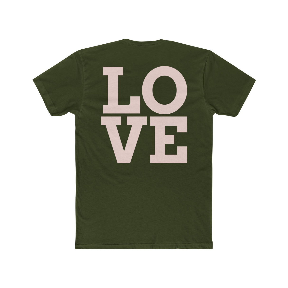 Dark green crew neck T-shirt with large LOVE graphic on back