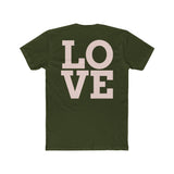 Dark green crew neck T-shirt with large LOVE graphic on back