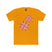 Mustard yellow crew-neck tee with two pink/red floral burst graphics on the front.