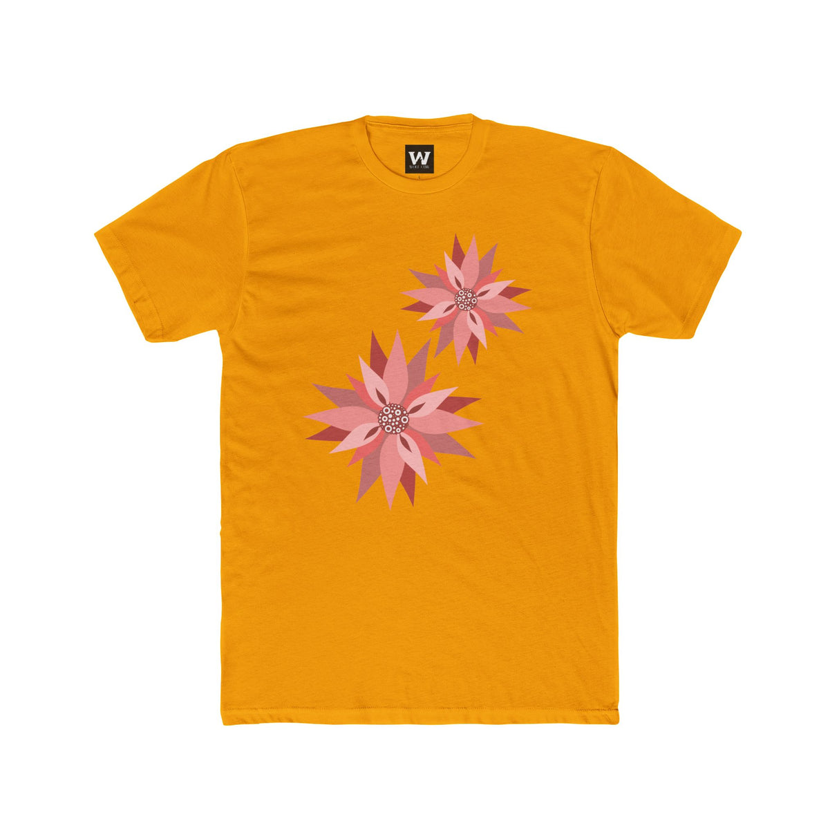 Mustard yellow crew-neck tee with two pink/red floral burst graphics on the front.