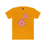 Mustard yellow crew-neck tee with two pink/red floral burst graphics on the front.