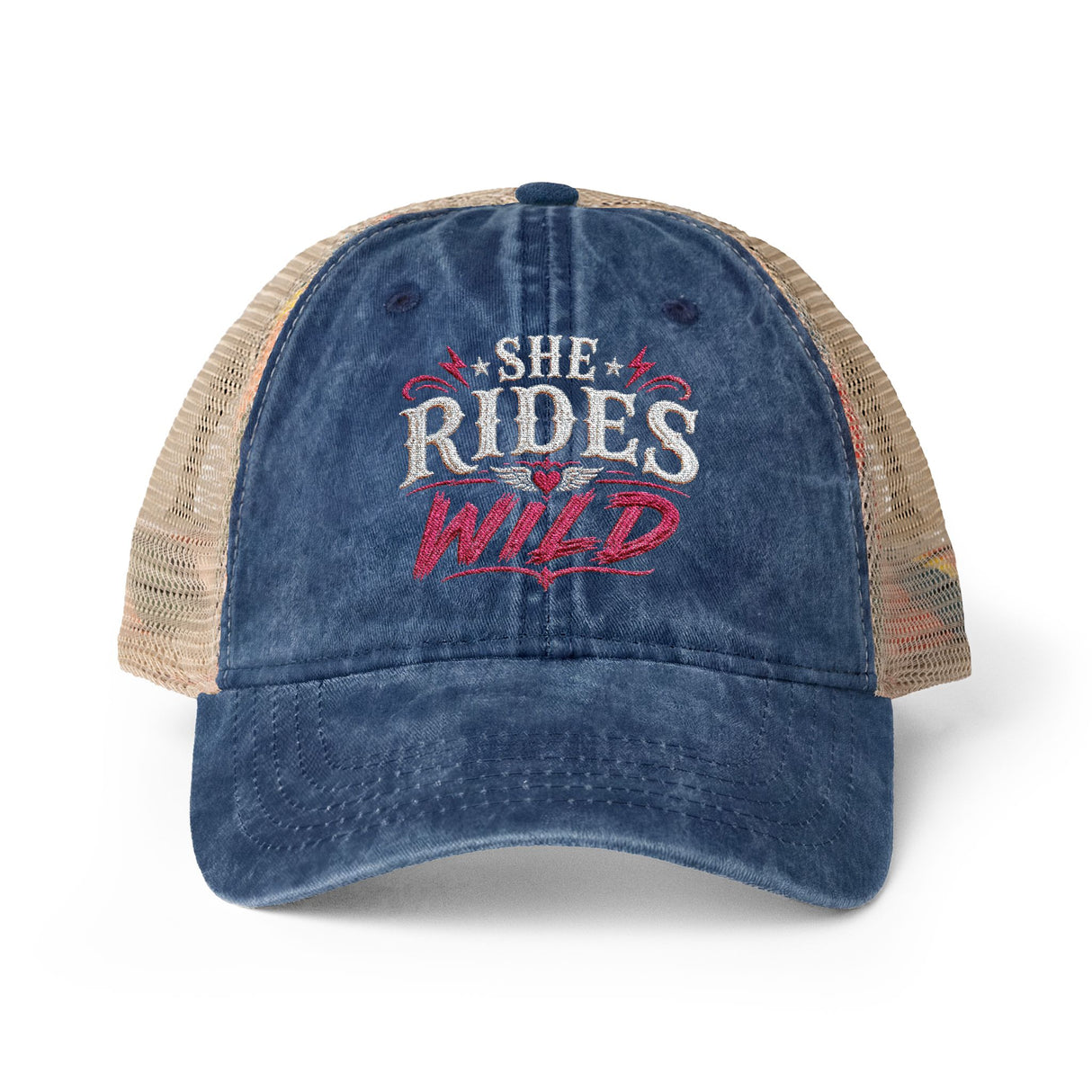 Women's Washed Mesh-Back Cap She Rides Wild Embroidered