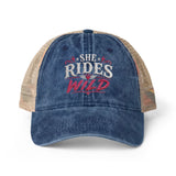 Women's Washed Mesh-Back Cap She Rides Wild Embroidered