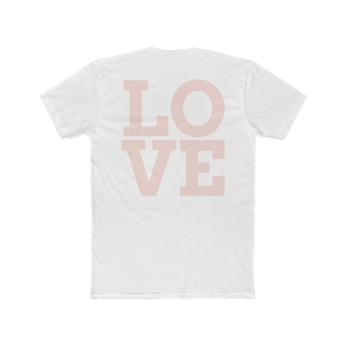White crew tee back with large 'LOVE' lettering graphic in pink tones
