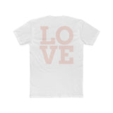 White crew tee back with large 'LOVE' lettering graphic in pink tones