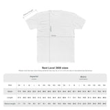 Crew tee size chart with width, length, and sleeve length in imperial and metric.