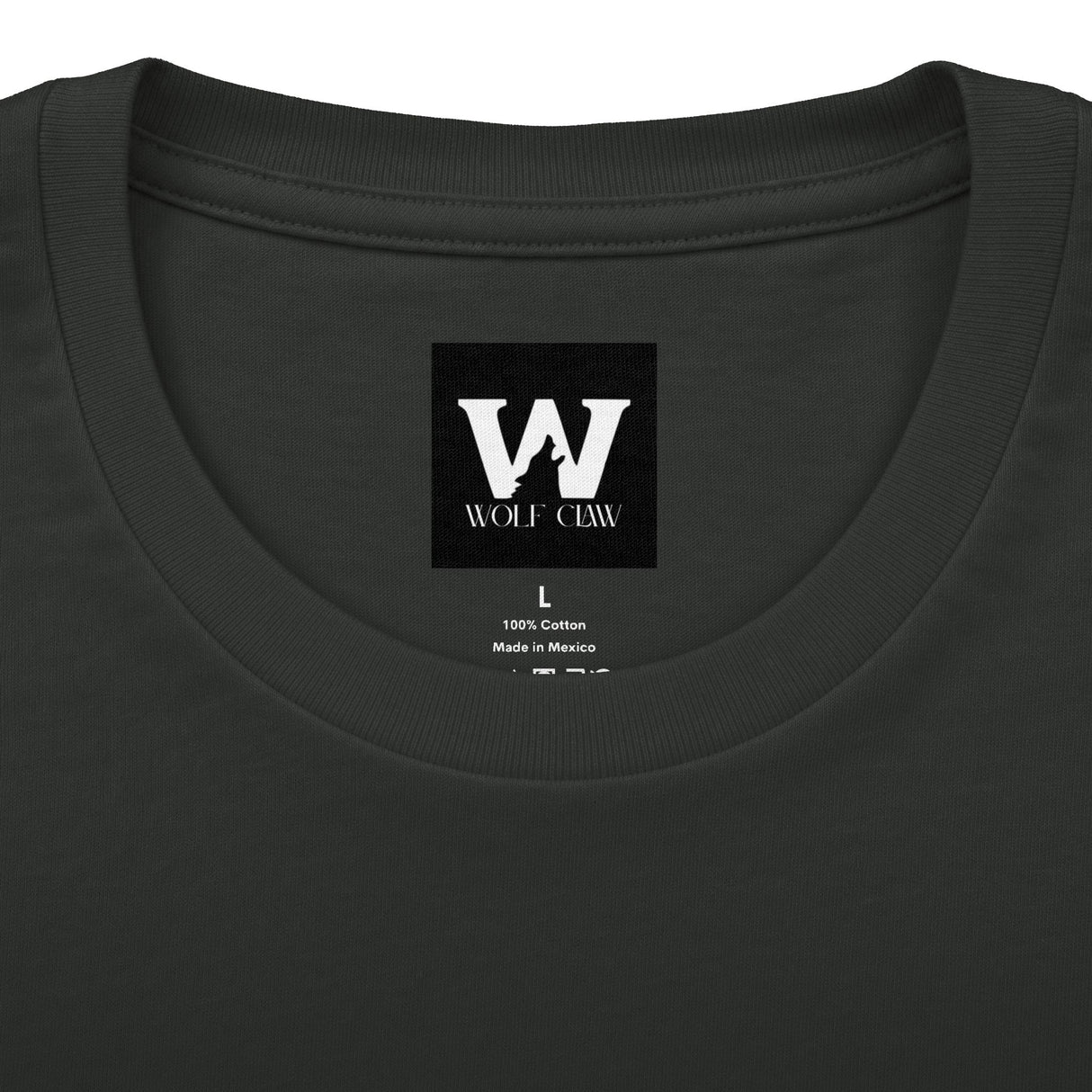 Dark crew tee neckline close-up with WOLF CLAW logo and 100% cotton label.