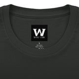 Dark crew tee neckline close-up with WOLF CLAW logo and 100% cotton label.