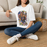 White Mardi Gras T-shirt with colorful queen and American flag graphic, worn by model.