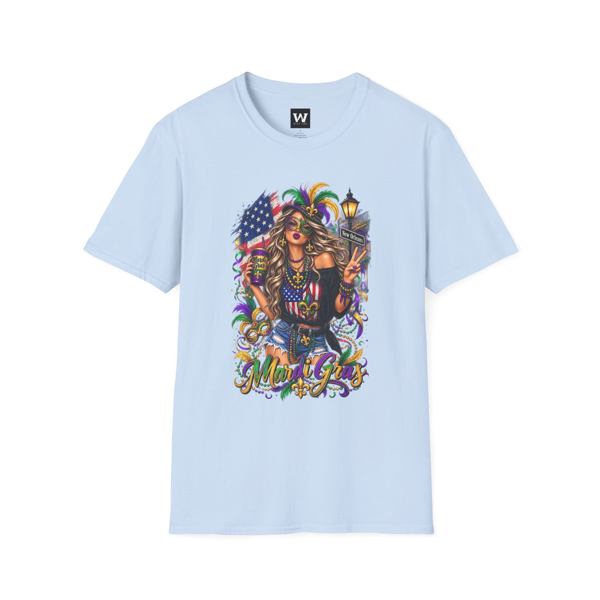 Light blue Mardi Gras queen T-shirt with American flag and “Mardi Gras” script