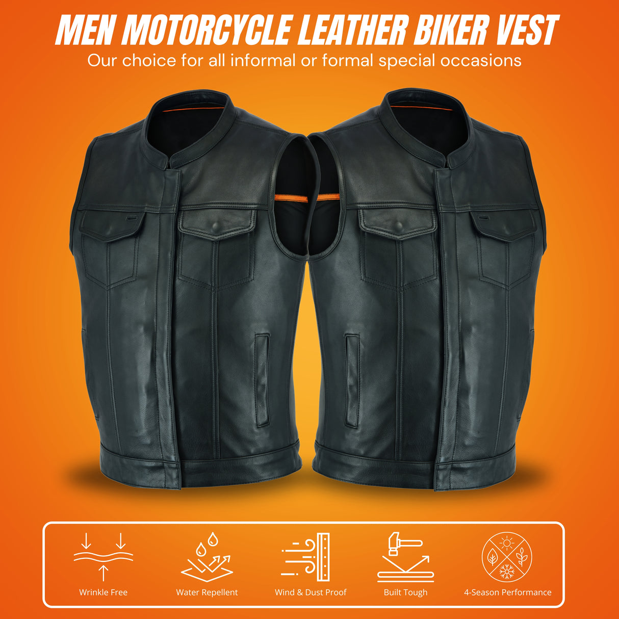 Men's Black Outlaw Leather Club Zipper/Snap Inside Gun Pockets Leather Vest