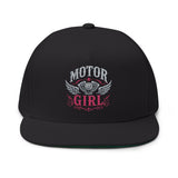 Motor Girl Embroidered Flat Bill Cap — Women's Biker Snapback Hat