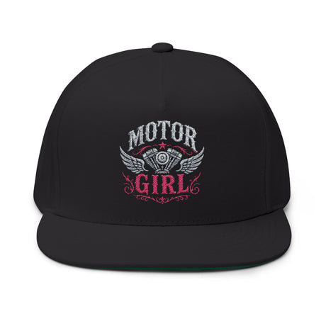 Motor Girl Embroidered Flat Bill Cap — Women's Biker Snapback Hat