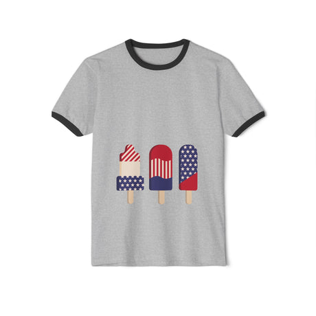 Heather grey ringer T-shirt with dark trim and patriotic popsicle graphic on the front