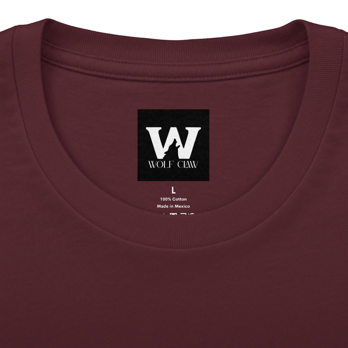 Burgundy crew neck T-shirt close-up with WOLF CLAW logo at center front