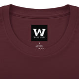 Burgundy crew neck T-shirt close-up with WOLF CLAW logo at center front