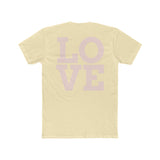 Light crew neck T-shirt with large LOVE graphic in purple on back