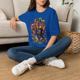 Royal blue T-shirt with Mardi Gras queen graphic and American flag detail