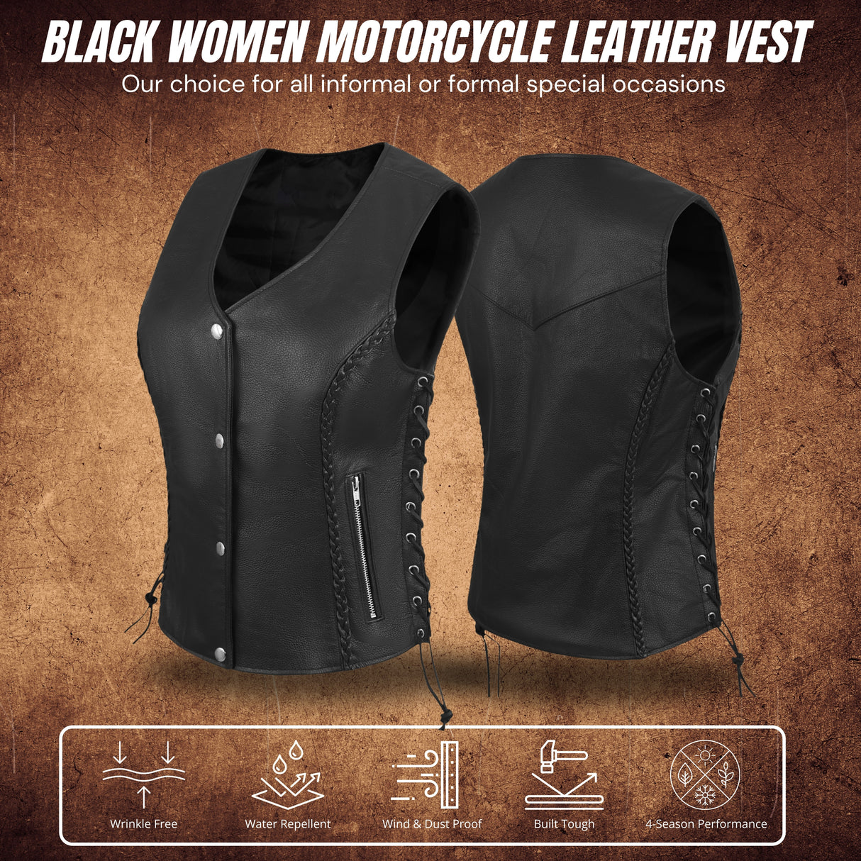 WOMEN BLACK VEST SIDE LACE M/O BUFFALO LEATHER