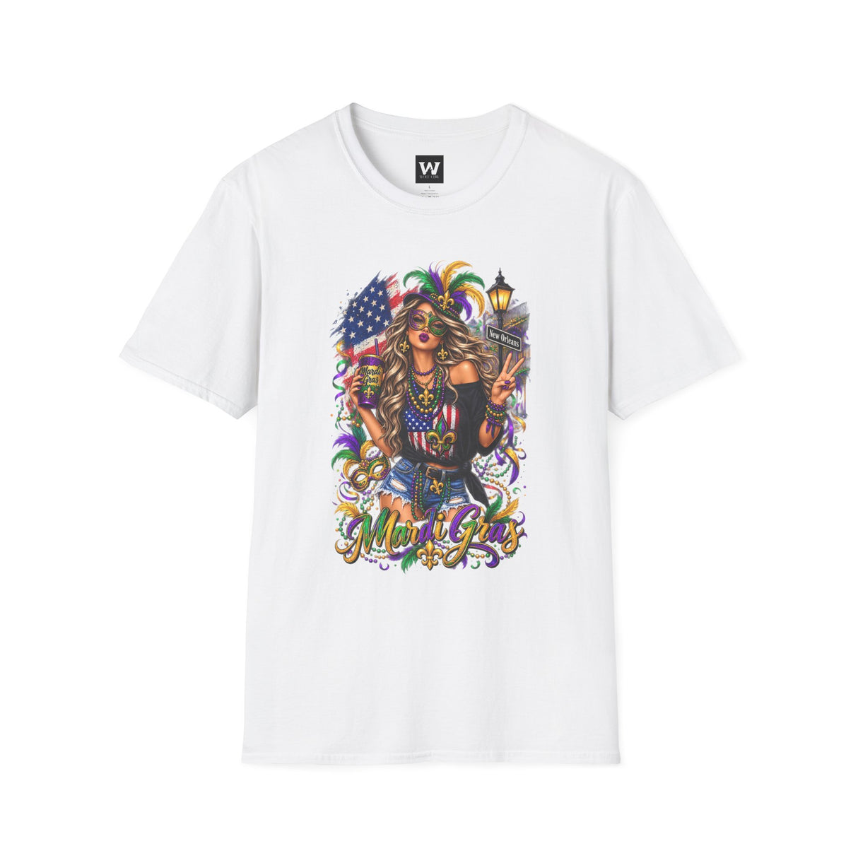 White T-shirt featuring a colorful Mardi Gras queen with American flag graphic on front.
