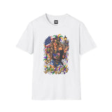 White T-shirt featuring a colorful Mardi Gras queen with American flag graphic on front.