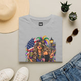Light gray T-shirt with Mardi Gras queen and American flag graphic on front