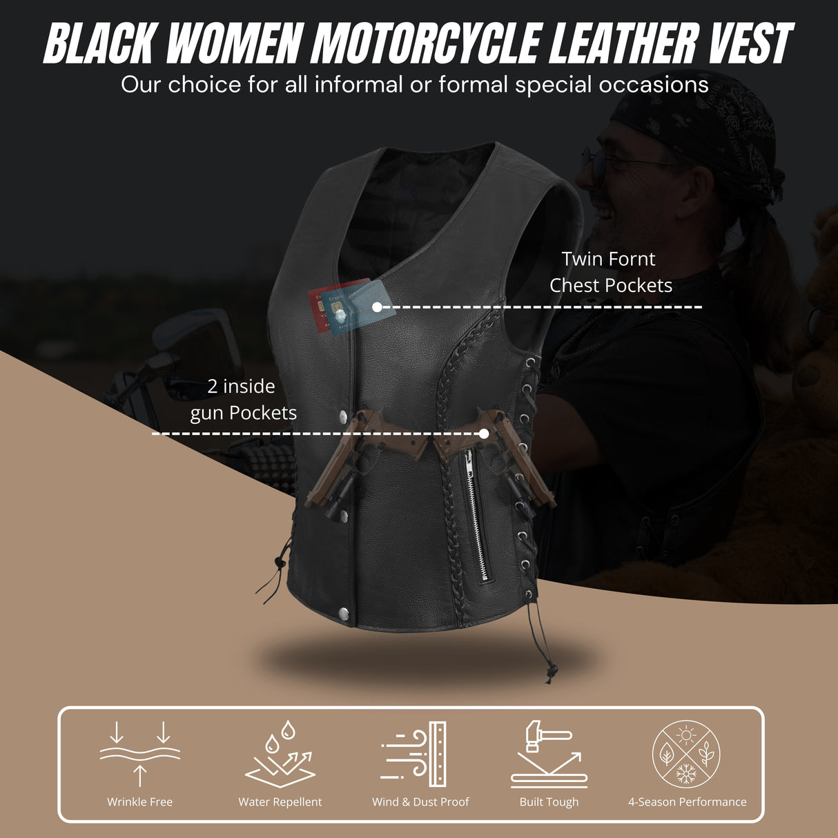 WOMEN BLACK VEST SIDE LACE M/O BUFFALO LEATHER
