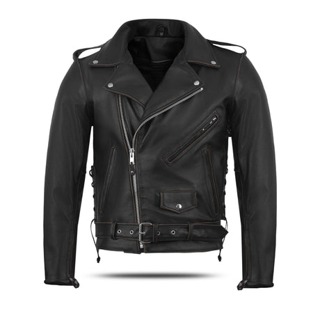 Old School Police Style Motorcycle Leather Jacket Rub Buff