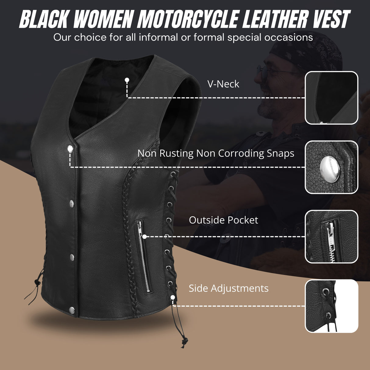 WOMEN BLACK VEST SIDE LACE M/O BUFFALO LEATHER