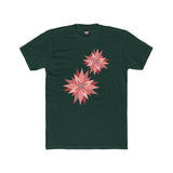 Forest green crew tee front with three pink starburst flower prints