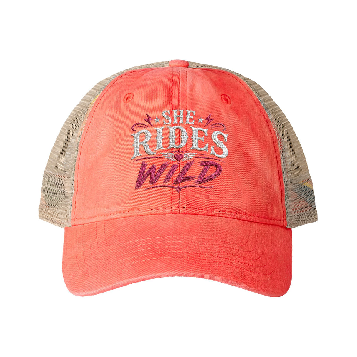 Women's Washed Mesh-Back Cap She Rides Wild Embroidered
