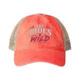 Women's Washed Mesh-Back Cap She Rides Wild Embroidered