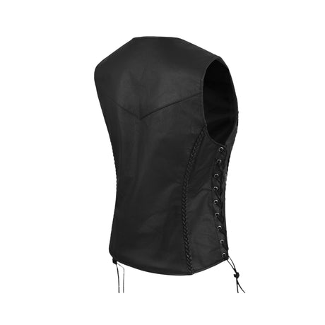 WOMEN BLACK VEST SIDE LACE M/O BUFFALO LEATHER - Women Leather Vests - Side & Angle View