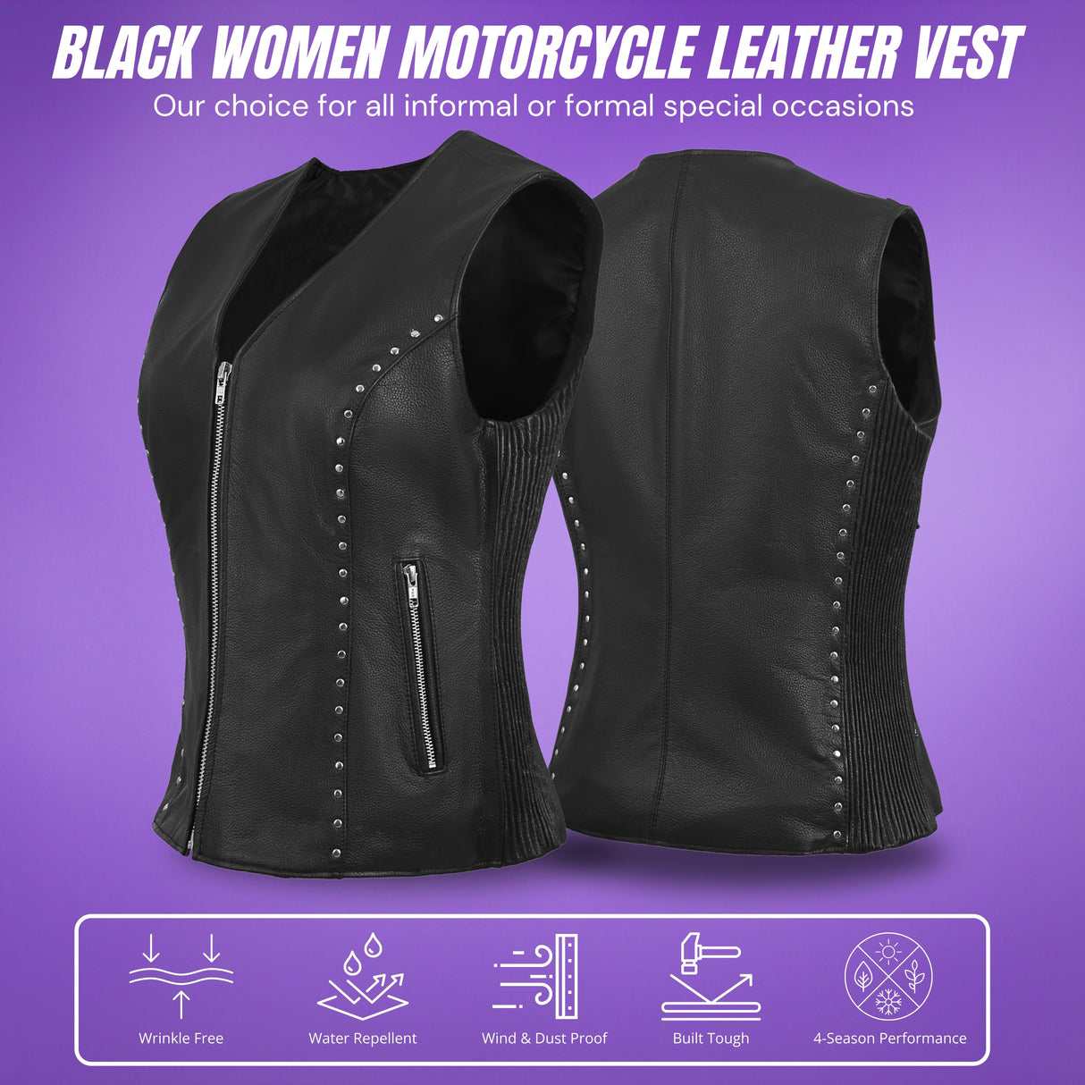 WCWV75841Stud Black Women's Side stretch leather motorcycle vest