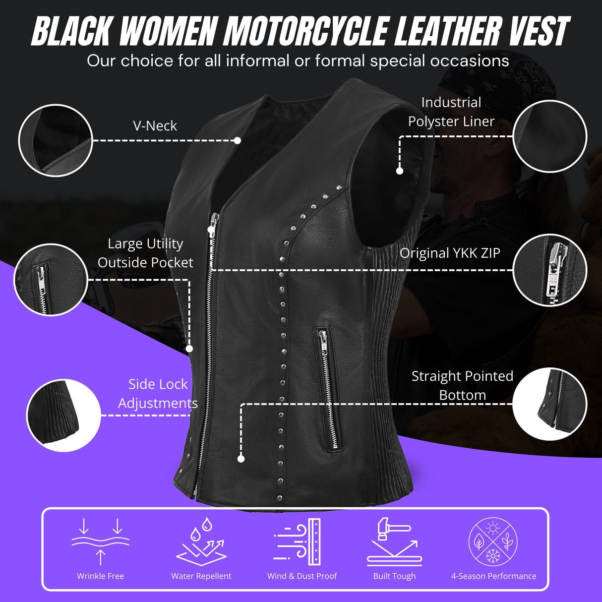 WCWV75841Stud Black Women's Side stretch leather motorcycle vest