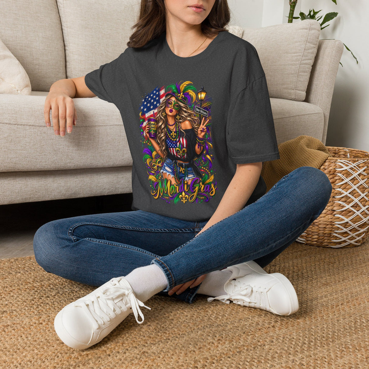 Charcoal T-shirt with colorful Mardi Gras queen and American flag graphic